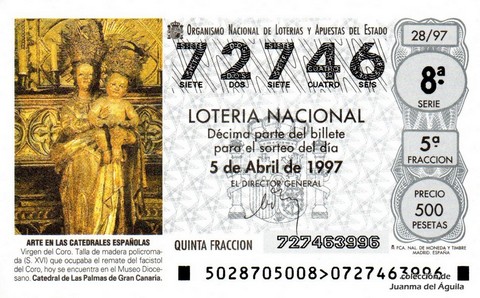 Décimo de Lotería Nacional de 1997 Sorteo 28 - ARTE EN LAS CATEDRALES ESPAÑOLAS - VIRGEN DEL CORO