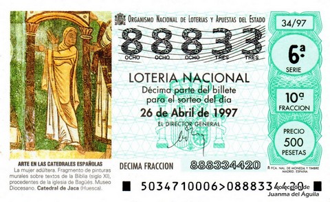 Décimo de Lotería Nacional de 1997 Sorteo 34 - ARTE EN LAS CATEDRALES ESPAÑOLAS - LA MUJER ADÚLTERA