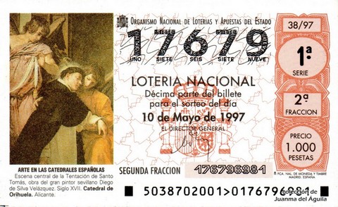 Décimo de Lotería Nacional de 1997 Sorteo 38 - ARTE EN LAS CATEDRALES ESPAÑOLAS - ESCENA CENTRAL DE LA TENTACIÓN DE SANTO TOMÁS (S. XVII)