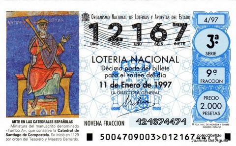 Décimo de Lotería Nacional de 1997 Sorteo 4 - ARTE EN LAS CATEDRALES ESPAÑOLAS - MINIATURA DEL MANUSCRITO «TUMBO A»