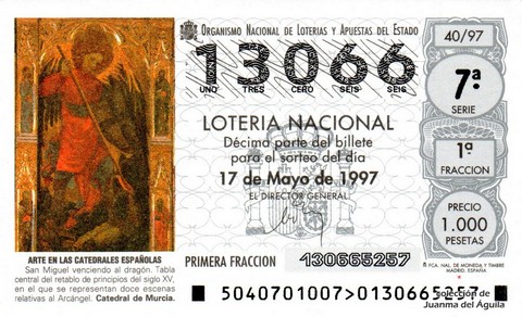 Décimo de Lotería Nacional de 1997 Sorteo 40 - ARTE EN LAS CATEDRALES ESPAÑOLAS - SAN MIGUEL VENCIENDO AL DRAGÓN (S. XV)