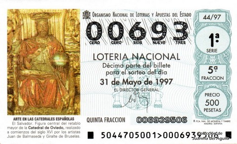 Décimo de Lotería Nacional de 1997 Sorteo 44 - ARTE EN LAS CATEDRALES ESPAÑOLAS - EL SALVADOR (SIGLO XVI)