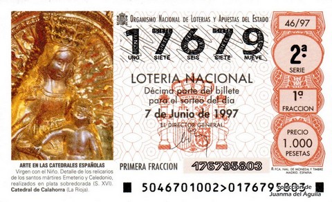 Décimo de Lotería Nacional de 1997 Sorteo 46 - ARTE EN LAS CATEDRALES ESPAÑOLAS - VIRGEN CON EL NIÑO (S. XVI)