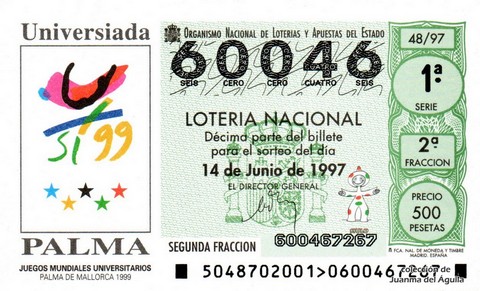 Décimo de Lotería Nacional de 1997 Sorteo 48 - UNIVERSIADA PALMA
