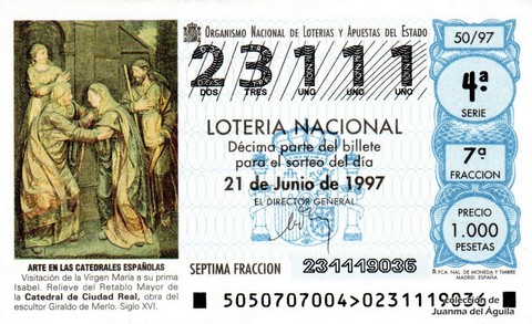 Décimo de Lotería Nacional de 1997 Sorteo 50 - ARTE EN LAS CATEDRALES ESPAÑOLAS - VISITACIÓN DE LA VIRGEN MARÍA A SU PRIMA ISABEL (S. XVI)