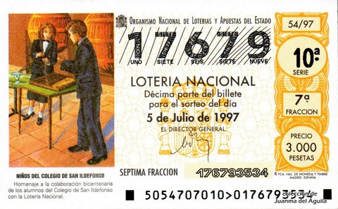 Décimo de Lotería Nacional de 1997 Sorteo 54 - NIÑOS DEL COLEGIO DE SAN ILDEFONSO