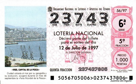 Décimo de Lotería Nacional de 1997 Sorteo 56 - «VIGO, CAPITAL DE LA PESCA»