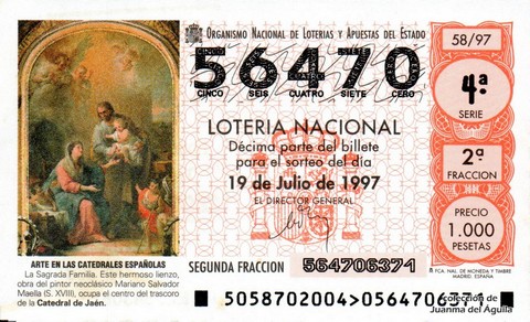 Décimo de Lotería Nacional de 1997 Sorteo 58 - ARTE EN LAS CATEDRALES ESPAÑOLAS - LA SAGRADA FAMILIA (S. XVIII)