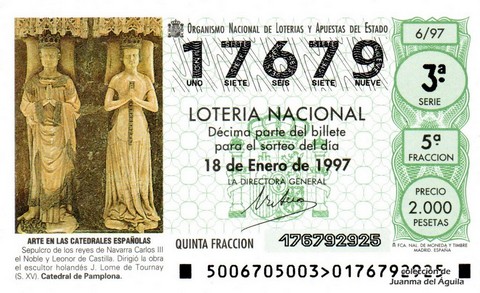 Décimo de Lotería Nacional de 1997 Sorteo 6 - ARTE EN LAS CATEDRALES ESPAÑOLAS - SEPULCRO DE LOS REYES DE NAVARRA