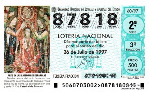 Décimo de Lotería Nacional de 1997 Sorteo 60 - ARTE EN LAS CATEDRALES ESPAÑOLAS - DETALLE DEL TAPIZ FLAMENCO (S.XV). CATEDRAL DE ZAMORA