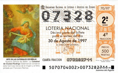 Décimo de Lotería Nacional de 1997 Sorteo 70 - ARTE EN LAS CATEDRALES ESPAÑOLAS - NUESTRA SEÑORA DE BELÉN. CATEDRAL DE CIUDAD RODRIGO (SALAMANCA) 
