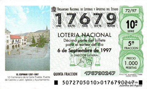 Décimo de Lotería Nacional de 1997 Sorteo 72 - EL ESPINAR 1297-1997