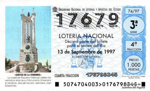 Décimo de Lotería Nacional de 1997 Sorteo 74 - «SORTEO DE LA VENDIMIA»