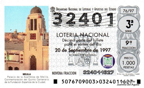 Décimo de Lotería Nacional de 1997 Sorteo 76 - MELILLA