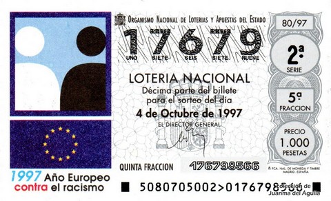 Décimo de Lotería Nacional de 1997 Sorteo 80 - 1997 Año Europeo contra el racismo