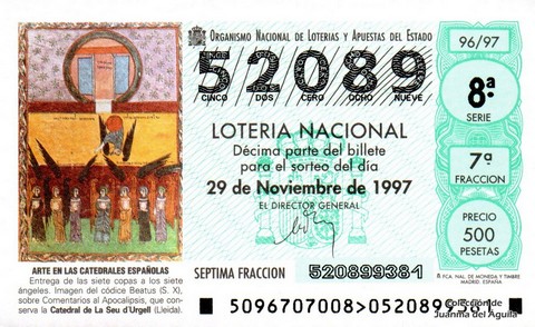 Décimo de Lotería Nacional de 1997 Sorteo 96 - ARTE EN LAS CATEDRALES ESPAÑOLAS - ENTREGA DE LAS SIETE COPAS A LOS SIETE ANGELES