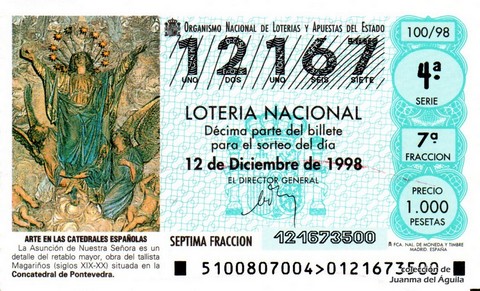 Décimo de Lotería Nacional de 1998 Sorteo 100 - ARTE EN LAS CATEDRALES ESPAÑOLAS - LA ASUNCIÓN DE NUESTRA SEÑORA