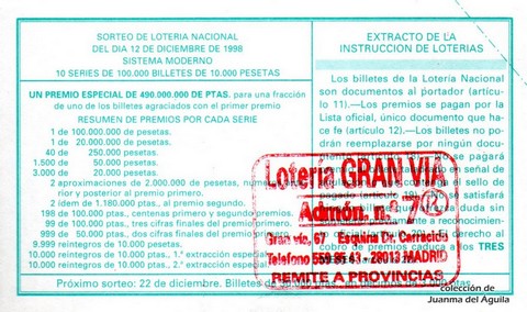Reverso décimo de Lotería 1998 / 100