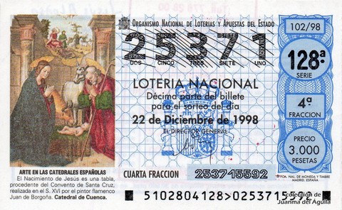 Décimo de Lotería Nacional de 1998 Sorteo 102 - ARTE EN LAS CATEDRALES ESPAÑOLAS - EL NACIMIENTO DE JESÚS (S. XVI)