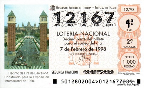 Décimo de Lotería Nacional de 1998 Sorteo 12 - Recinto de Fira de Barcelona