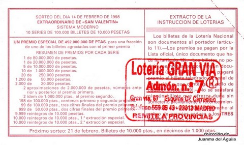 Reverso décimo de Lotería 1998 / 14