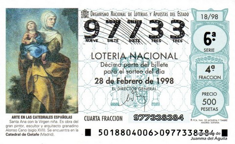 Décimo de Lotería Nacional de 1998 Sorteo 18 - ARTE EN LAS CATEDRALES ESPAÑOLAS - SANTA ANA CON LA VIRGEN NIÑA