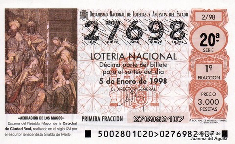 Décimo de Lotería Nacional de 1998 Sorteo 2 - «ADORACIÓN DE LOS MAGOS» - ESCENA DEL RETABLO MAYOR DE LA CATEDRAL DE CIUDAD REAL