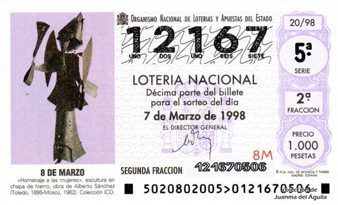 Décimo de Lotería Nacional de 1998 Sorteo 20 - 8 DE MARZO