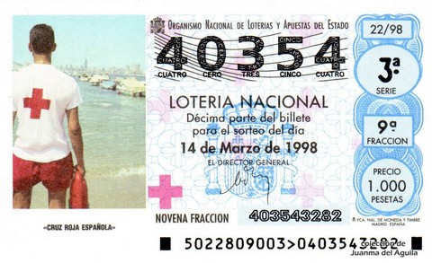 Décimo de Lotería Nacional de 1998 Sorteo 22 - «CRUZ ROJA ESPAÑOLA»