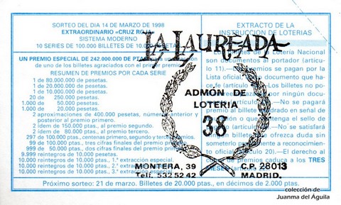 Reverso décimo de Lotería 1998 / 22