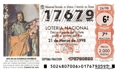 Décimo de Lotería Nacional de 1998 Sorteo 24 - ARTE EN LAS CATEDRALES ESPAÑOLAS - SAN JOSÉ CON EL NIÑO (SIGLO XVIII)
