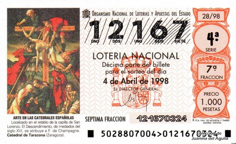 Décimo de Lotería Nacional de 1998 Sorteo 28 - ARTE EN LAS CATEDRALES ESPAÑOLAS - EL DESCENDIMIENTO, MEDIADOS SIGLO XVI