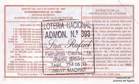 Reverso del décimo de Lotería Nacional de 1998 Sorteo 2