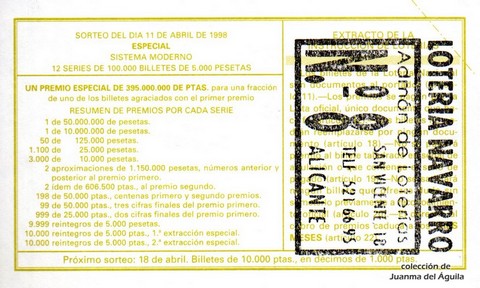 Reverso décimo de Lotería 1998 / 30
