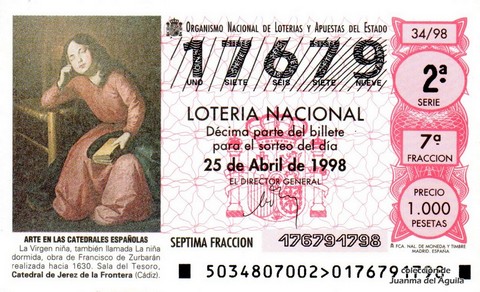 Décimo de Lotería Nacional de 1998 Sorteo 34 - ARTE EN LAS CATEDRALES ESPAÑOLAS - LA VIRGEN NIÑA