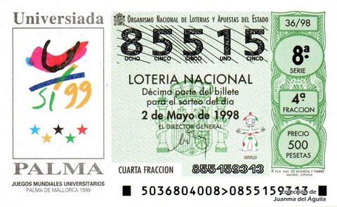Décimo de Lotería Nacional de 1998 Sorteo 36 - Universiada PALMA