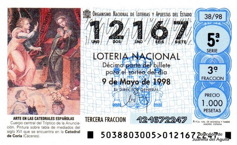 Décimo de Lotería Nacional de 1998 Sorteo 38 - ARTE EN LAS CATEDRALES ESPAÑOLAS - CUERPO CENTRAL DEL TRÍPTICO DE LA ANUNCIACIÓN