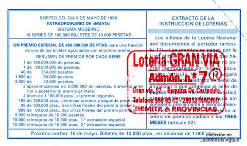Reverso décimo de Lotería 1998 / 38