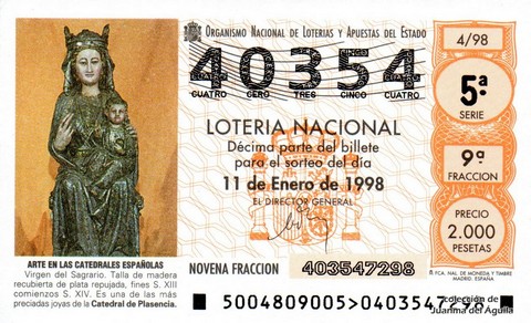 Décimo de Lotería Nacional de 1998 Sorteo 4 - ARTE EN LAS CATEDRALES ESPAÑOLAS - VIRGEN DEL SAGRARIO