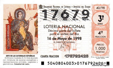 Décimo de Lotería Nacional de 1998 Sorteo 40 - ARTE EN LAS CATEDRALES ESPAÑOLAS - ANTIFONARIO MOZÁRABE (S. X)