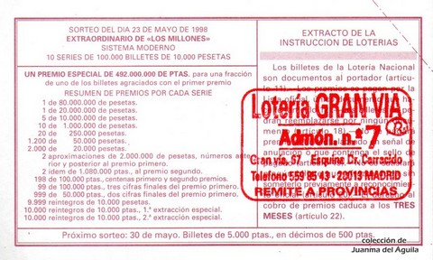 Reverso décimo de Lotería 1998 / 42