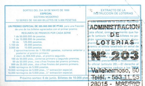 Reverso décimo de Lotería 1998 / 44