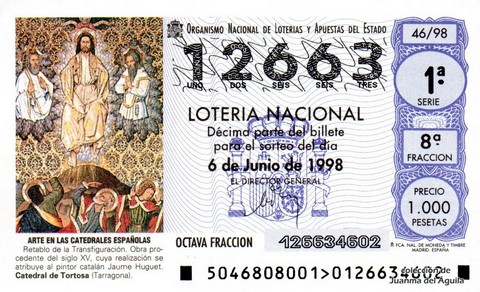 Décimo de Lotería Nacional de 1998 Sorteo 46 - ARTE EN LAS CATEDRALES ESPAÑOLAS - RETABLO DE LA TRANSFIGURACIÓN (SIGLO XV)