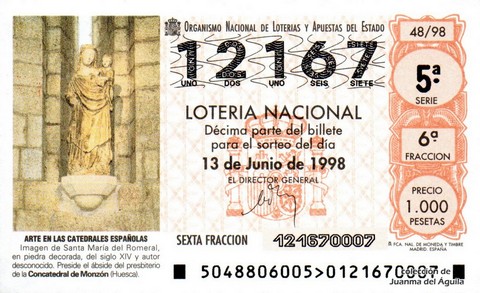 Décimo de Lotería Nacional de 1998 Sorteo 48 - ARTE EN LAS CATEDRALES ESPAÑOLAS - IMAGEN DE SANTA MARÍA DEL ROMERAL