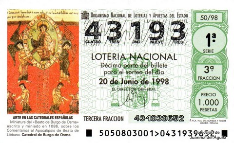Décimo de Lotería Nacional de 1998 Sorteo 50 - ARTE EN LAS CATEDRALES ESPAÑOLAS - MINIATURA DEL «BEATO DE BURGO DE OSMA»