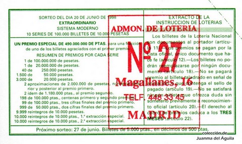Reverso décimo de Lotería 1998 / 50