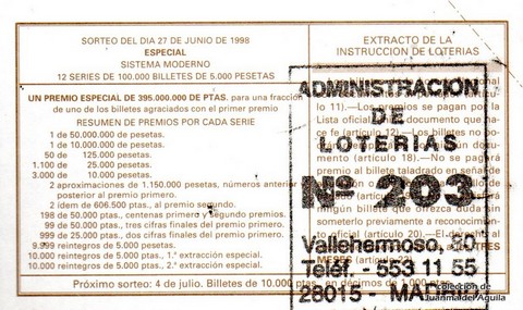 Reverso décimo de Lotería 1998 / 52