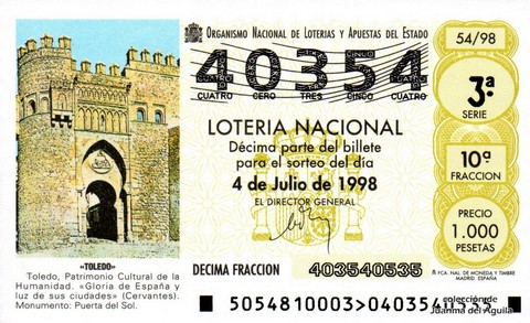 Décimo de Lotería Nacional de 1998 Sorteo 54 - «TOLEDO»