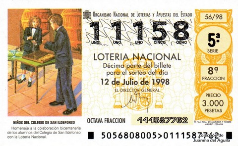 Décimo de Lotería Nacional de 1998 Sorteo 56 - NIÑOS DEL COLEGIO DE SAN ILDEFONSO