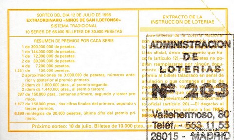 Reverso décimo de Lotería 1998 / 56